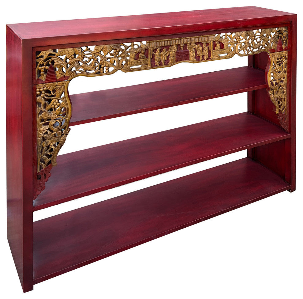 Chinese Red Golden Carving Rectangular Curio Display Stand Side Table Hcs7654