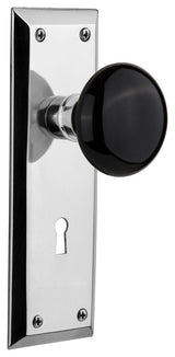 New York Plate Passage Black Porcelain Knob, Bright Chrome