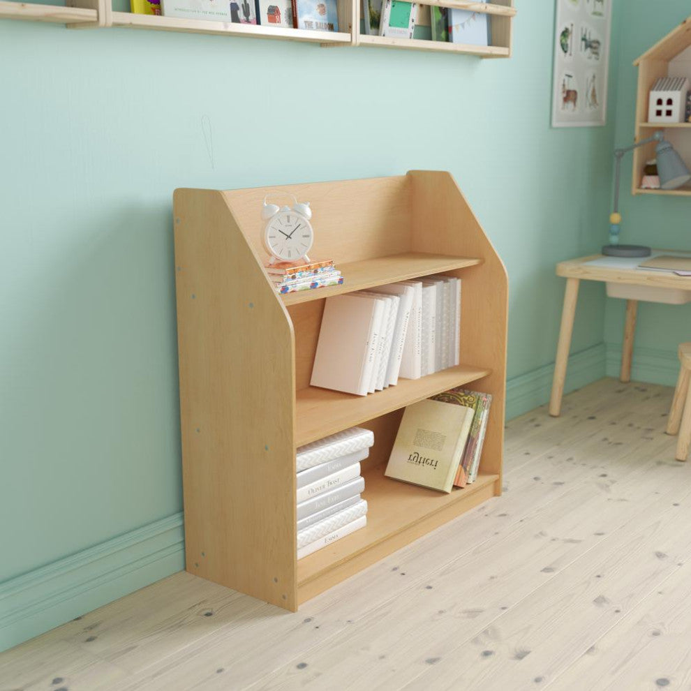 Hercules Natural Wooden 3 Shelf Book Display With Kid Friendly Curved Edges