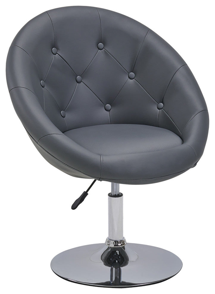 Button Tufted Swivel PU Leather Papasan Chair, Grey