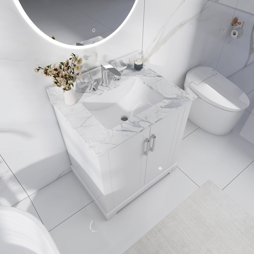 30" W x 22" D x 33" H Bath Vanity, White With Carrara White Marble