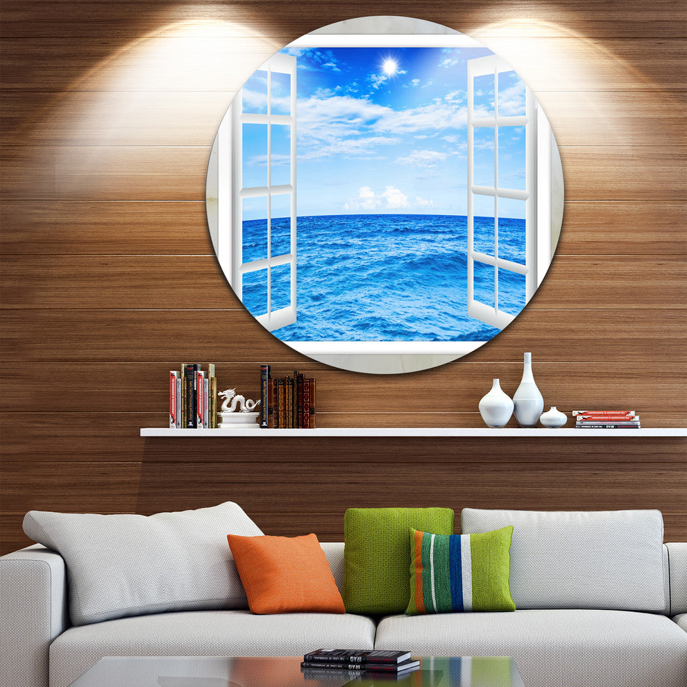 Window Open To Blue Wavy Ocean, Seashore Disc Metal Artwork, 11"