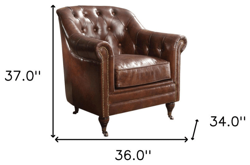 34" Top Grain Leather And Brown Tufted Chesterfield Chair