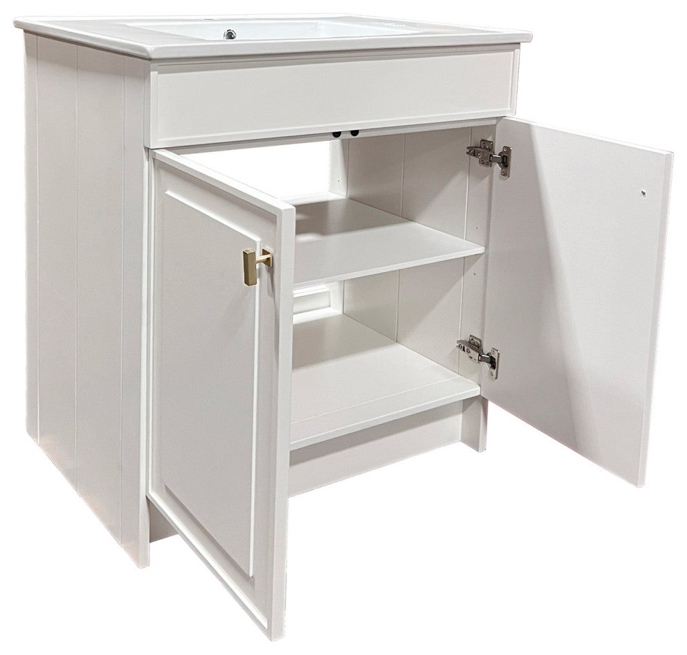 SmartFold 31" Single Sink Vanity, White With White Ceramic Top, Brushed Gold