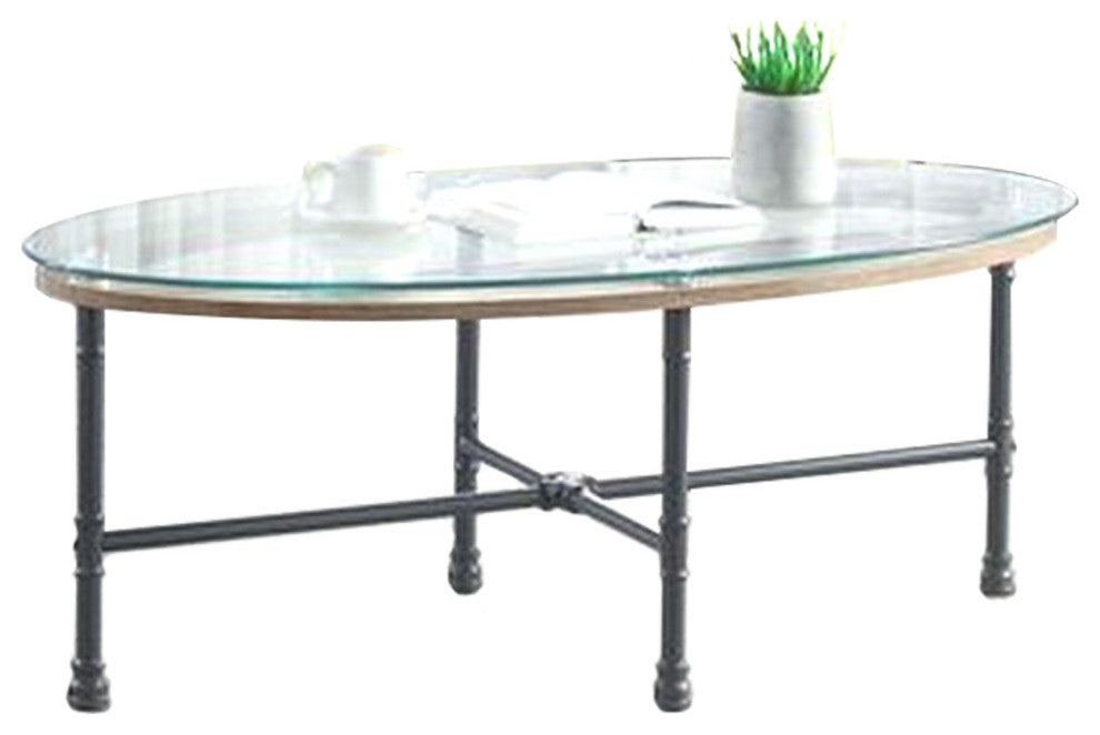 Benzara BM251159 Sofa Table With Oval Glass Top and Metal Pipe Style Legs, Gray