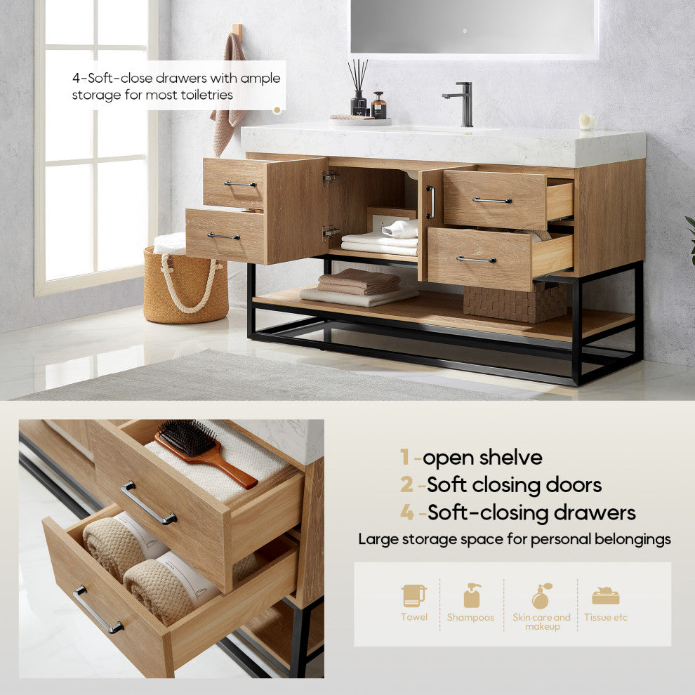 Alistair Vanity, North American Oak, Matte Black Hardware, 60" Single Sink, With Mirror