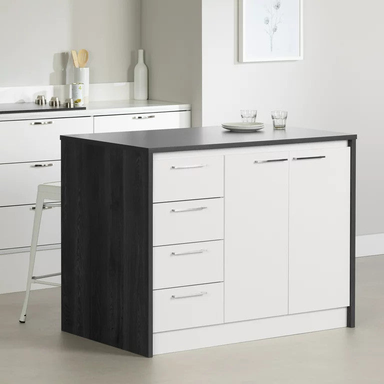Contemporary Kitchen Island, 4 Drawers & Large Cabinet, Gray Oak/White