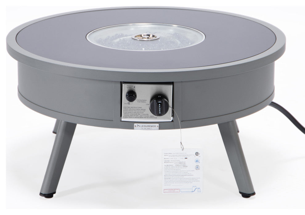 Leisuremod Walbrooke Patio Round Fire Pit Table With Aluminum Frame, Gray