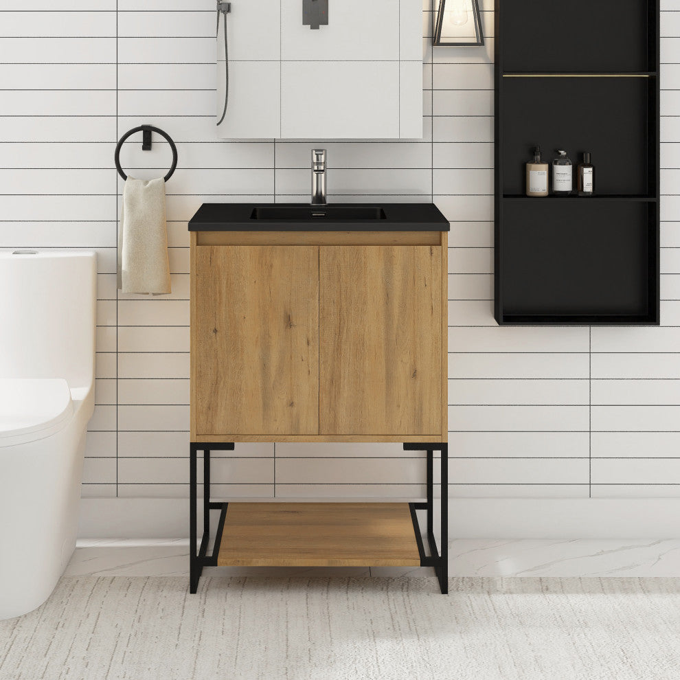 24" Freestanding Bath Vanity, Black Quartz Top, Oak