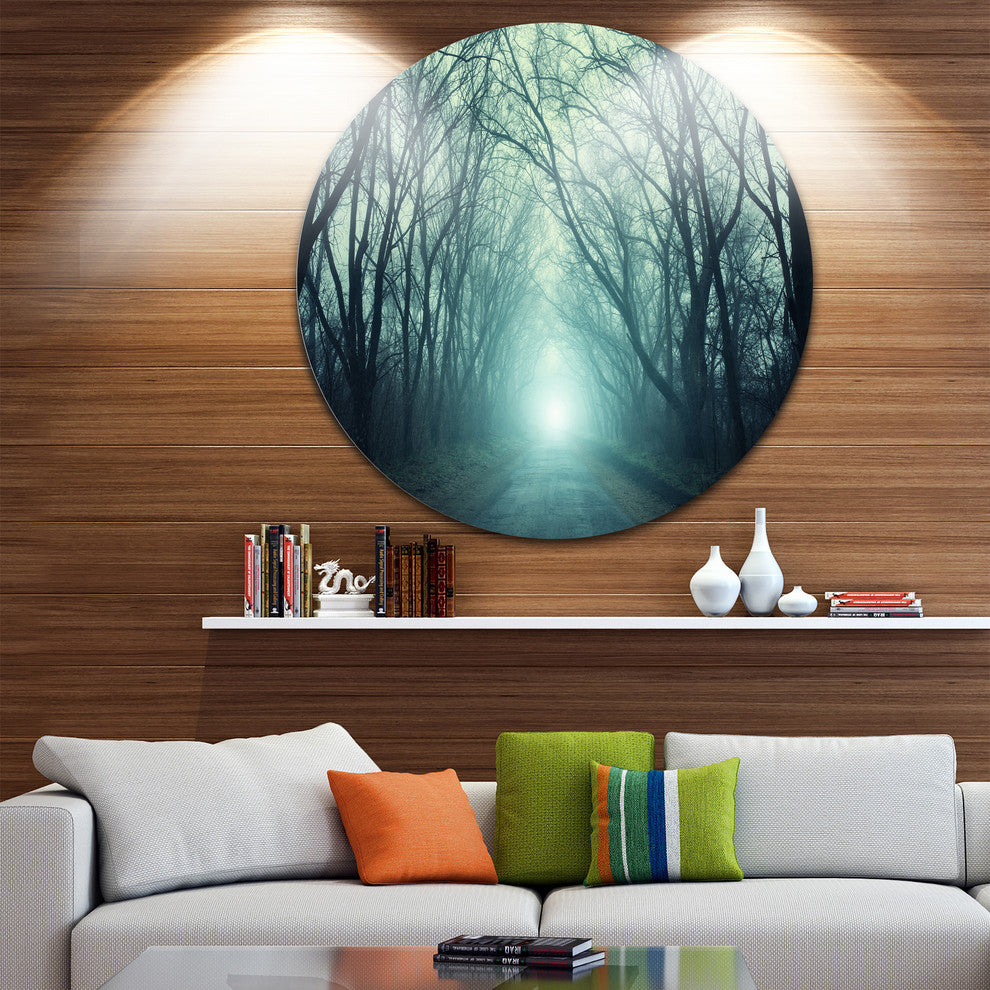 Fall Forest Path With Green Light, Landscape Disc Metal Wall Art, 23"