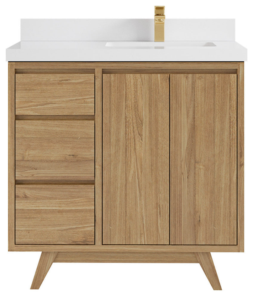 Madison  Teak 36 Right Offset Bath Vanity Golden Teak 2" White Quartz