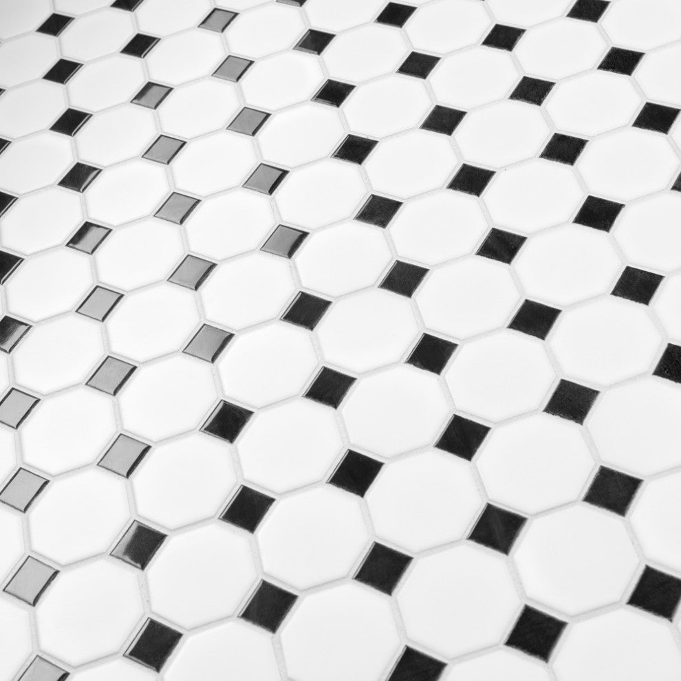 Metro Octagon Matte White w/ Black Dot Porcelain Floor and Wall Tile