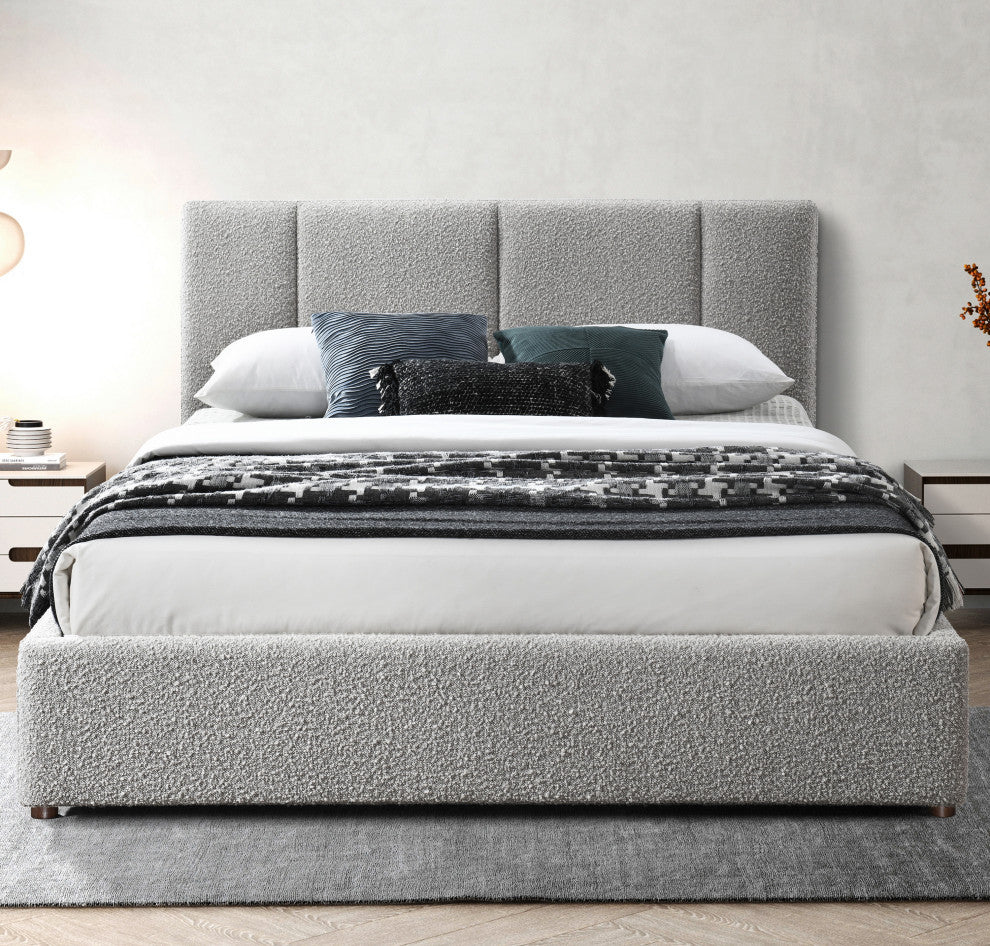 Omax Decor Venice Modern Fabric Upholstered Platform Bed, Grey Boucle, Queen
