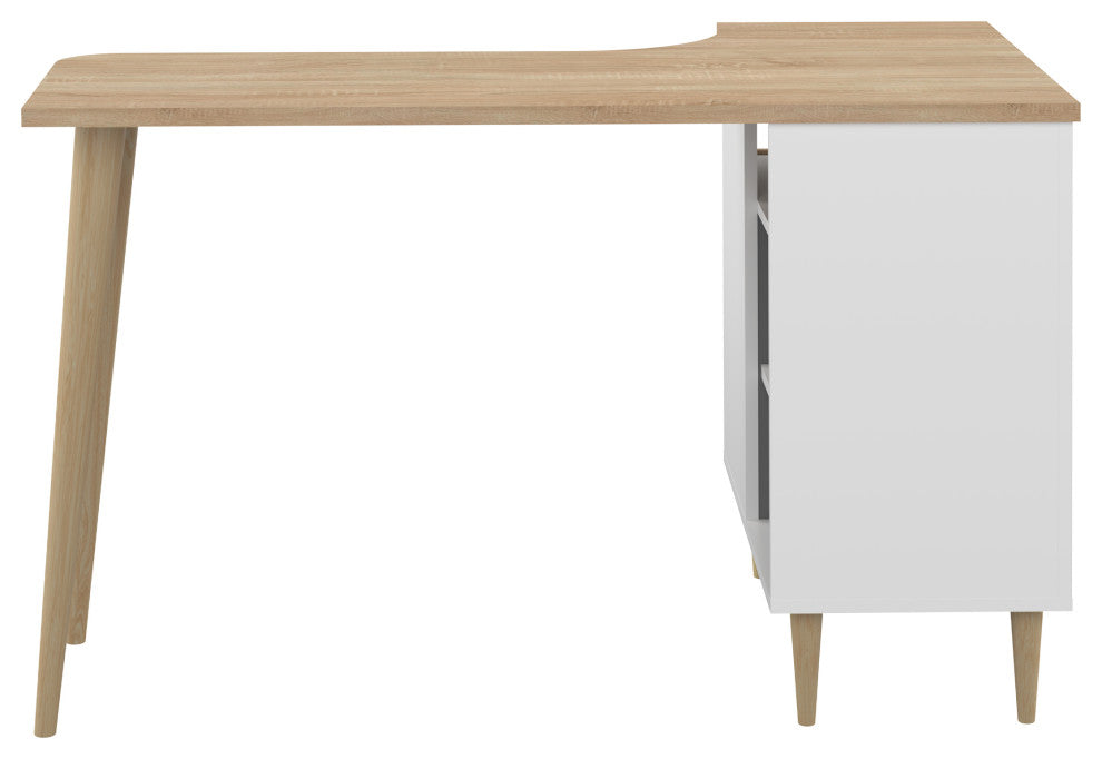 Modern White Small Home Desk With Shelves, White and Oak