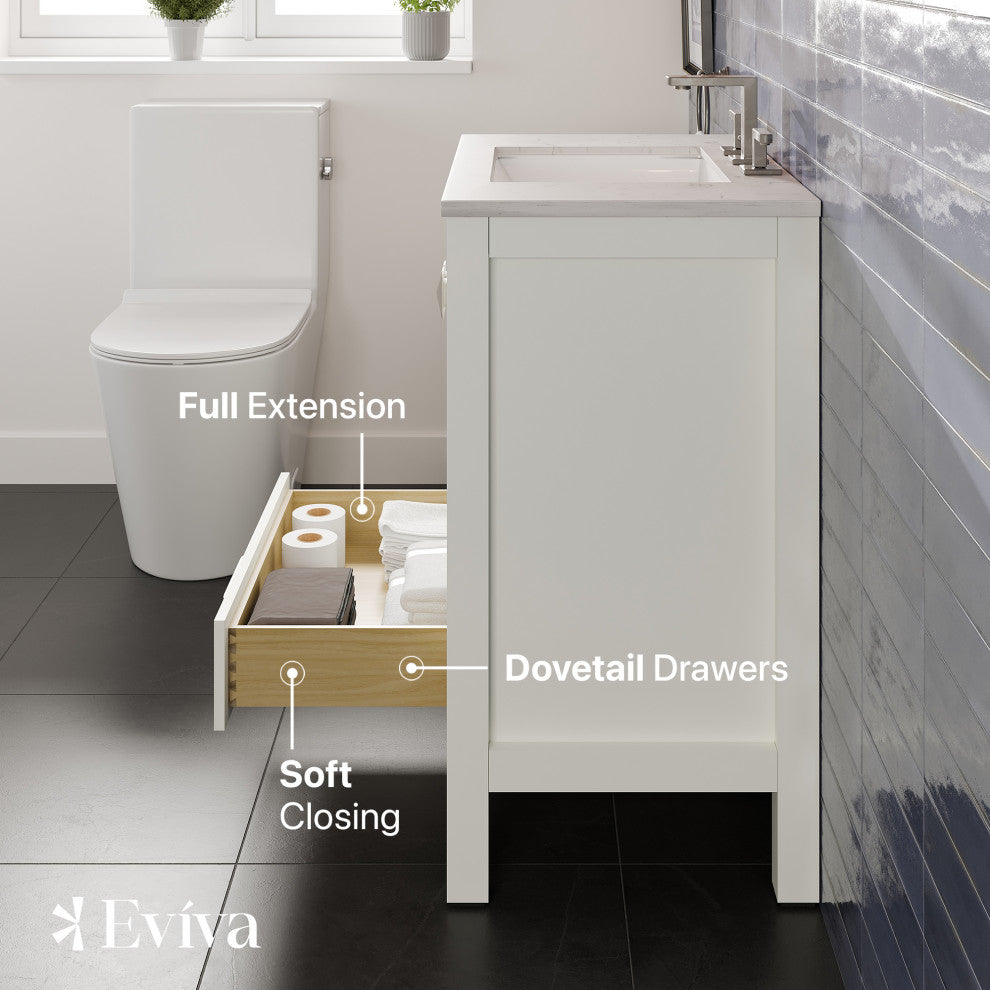 Eviva Aberdeen 30"W White Bath Vanity, White Carrara Quartz Countertop