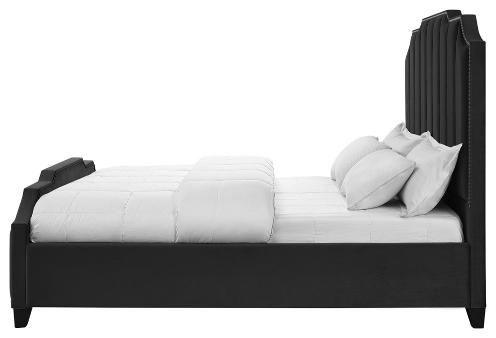 Inspired Home Zaida Bed, Velvet Upholstered, Black, Queen