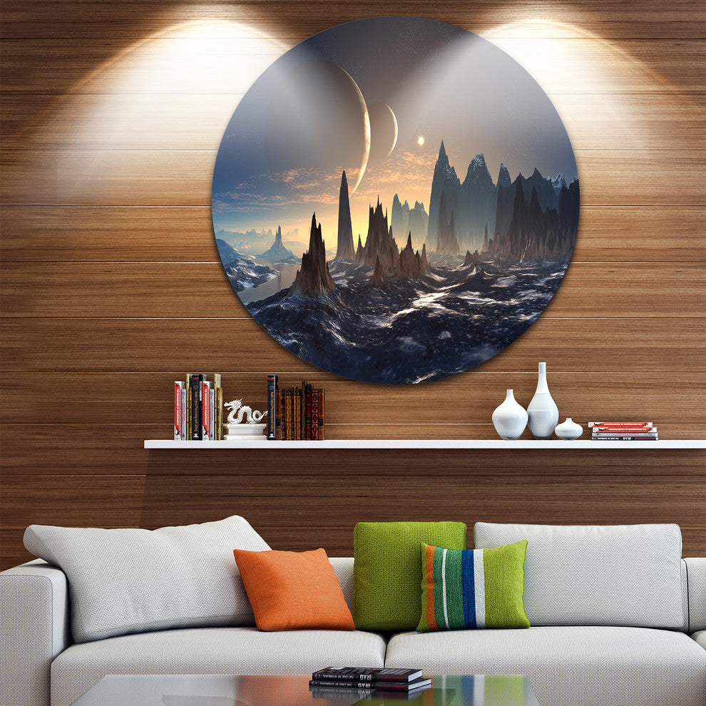 Alien Planet With Mountains, Contemporary Round Wall Art, 36"