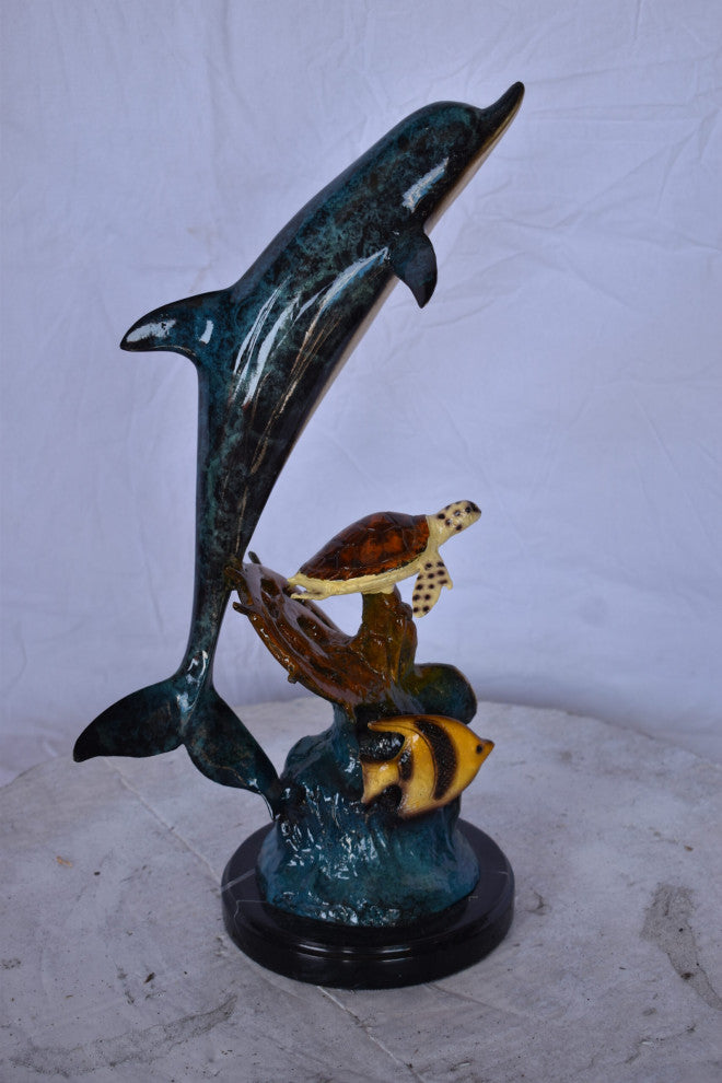 Dolphin with A Turtle, Anchor and Fish Bronze Statue - Size: 6"L x 10"W x 19"H