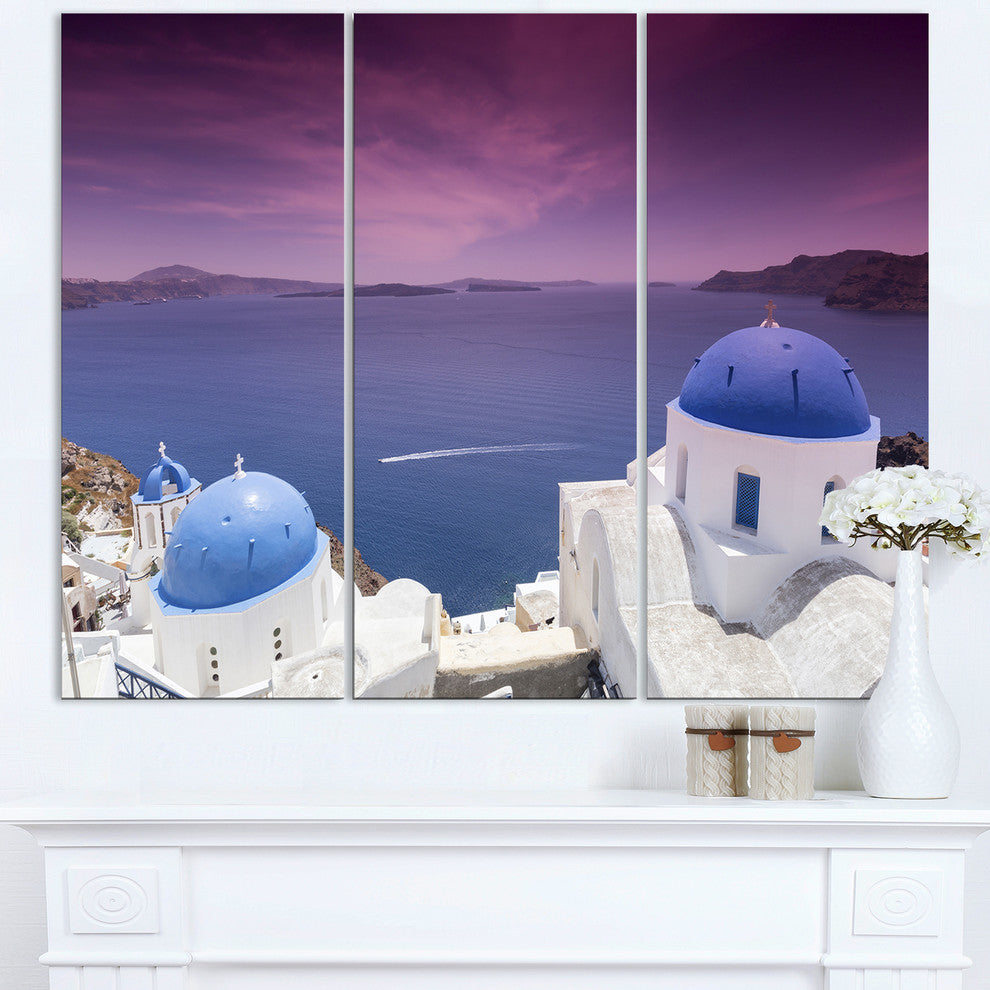 "Blue Domed Churches on Caldera" Metal Wall Art, 3 Panels, 36"x28"