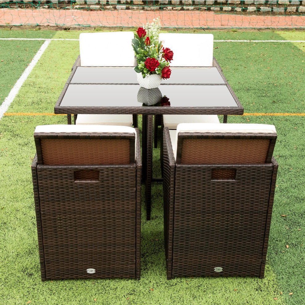9 Pieces Outdoor Patio Rattan Dining Set Outdoor Space Saving Chairs With Glass