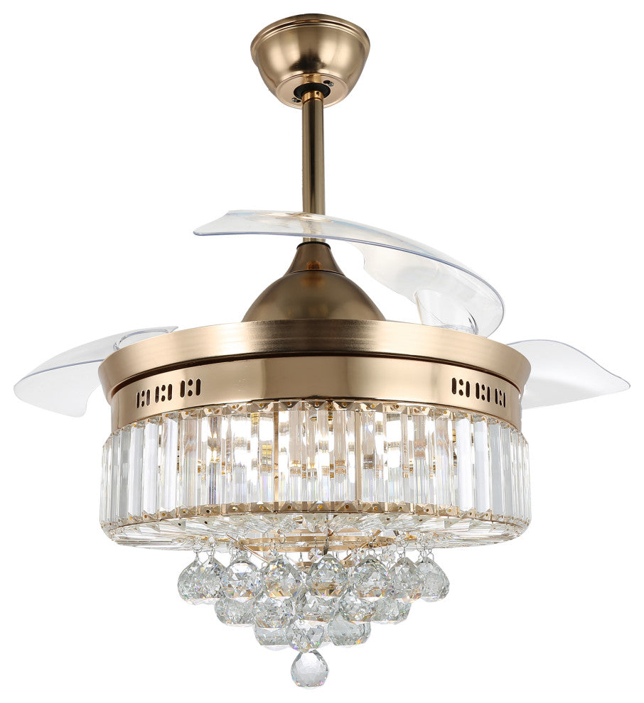 Unique Caged Ceiling Fan with Remote, LED light, Retractable Blades, French Gold