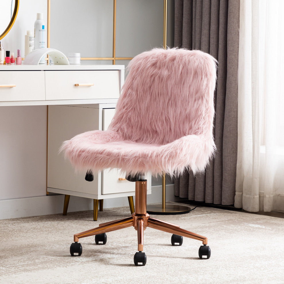 Fluffy Faux Fur Armless Swivel Desk Chair, Pink