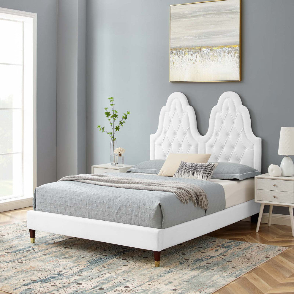 Tufted Platform Bed Frame, Twin Size, Velvet, White, Modern Contemporary