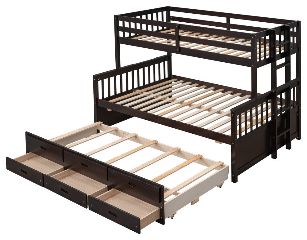 Gewnee Wood Kids Convertible Twin-Over-Full Bunk Bed with Trundle in Espresso