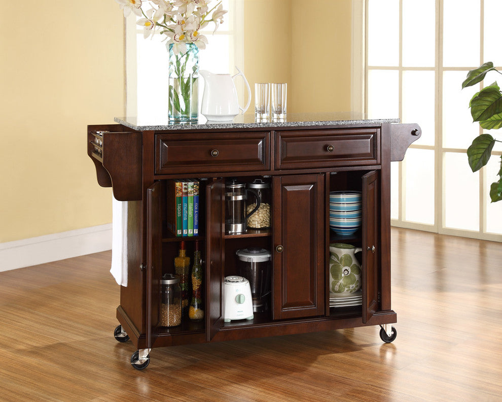 Solid Granite Top Kitchen Cart, Island, Vintage Mahogany Finish