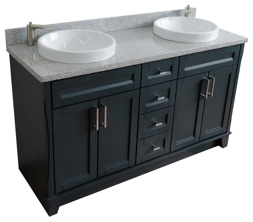 61" Double Sink Vanity, Dark Gray Finish And Gray Granite And Round Sink