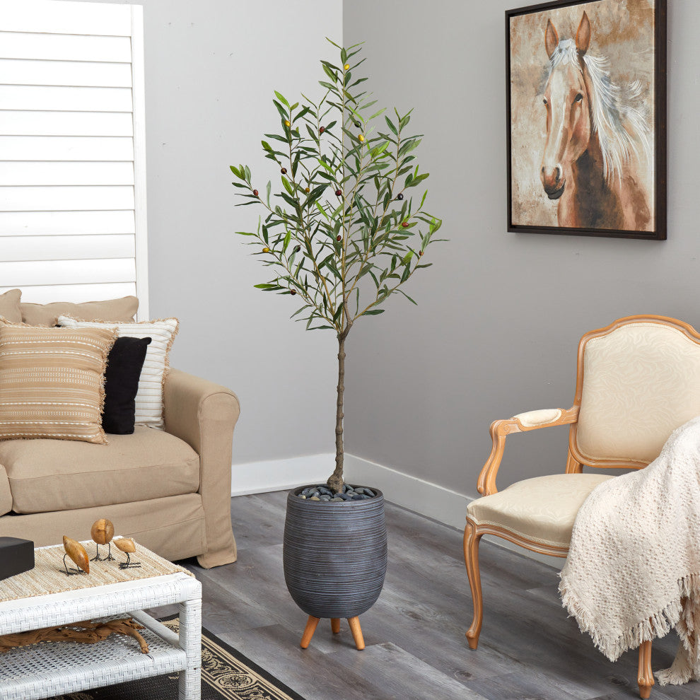 Nearly Natural 70" Olive Artificial Tree, Gray Planter With Stand