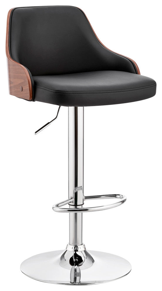 Asher Adjustable Faux Leather and Metal Bar Stool, Black and Chrome