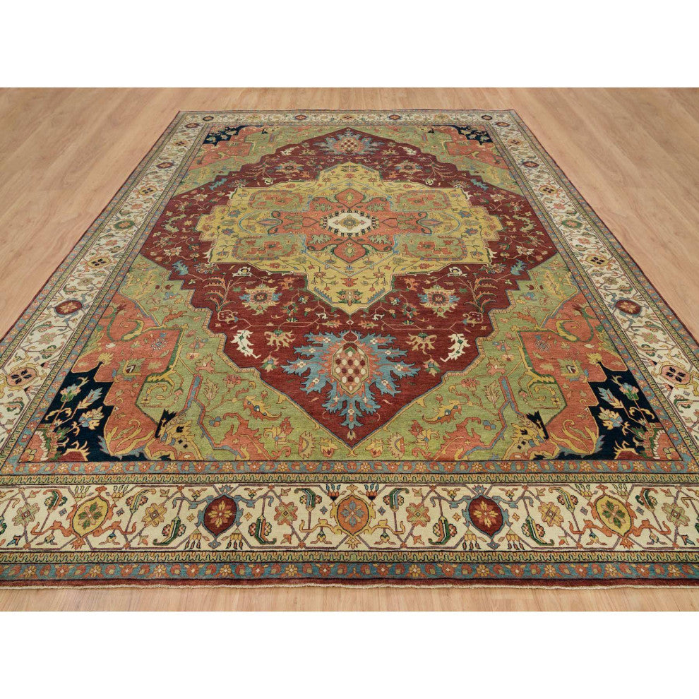 Red Heriz Re-Creation Pure Wool Hand Knotted Oversize Oriental Rug 12'x15'2"