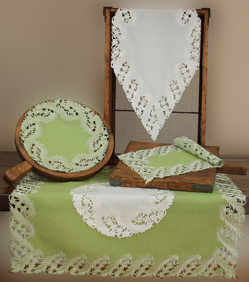 Laurel Embroidered Cutwork Spring Table Runner, 15"x54", Green