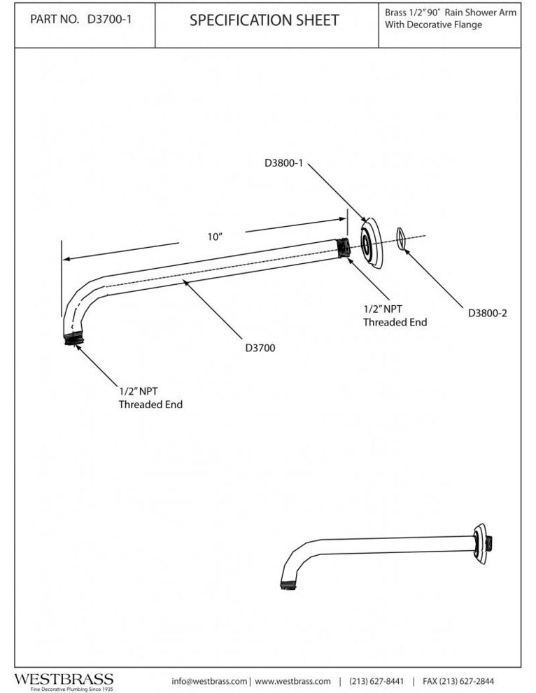 1/2" Ips X 10" 90-Degree Rain Shower Arm With Flange In Polished Chrome