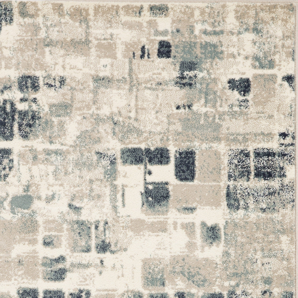 2"x8" Beige Blue Abstract Tiles Distressed Runner Rug