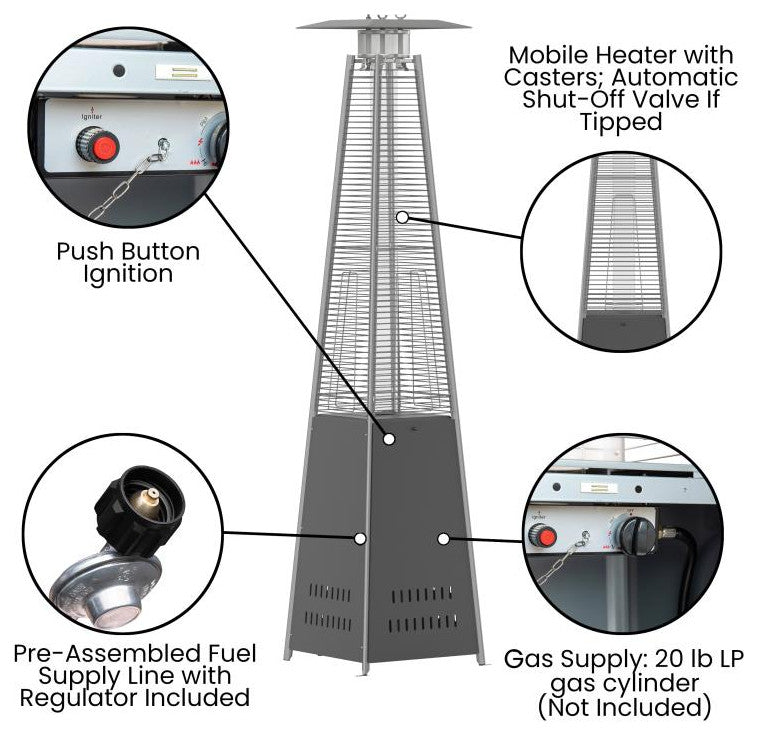 Sol Patio Outdoor Stainless Steel Pyramid 42,000 BTU Propane Heater With Wheels, Slate Gray