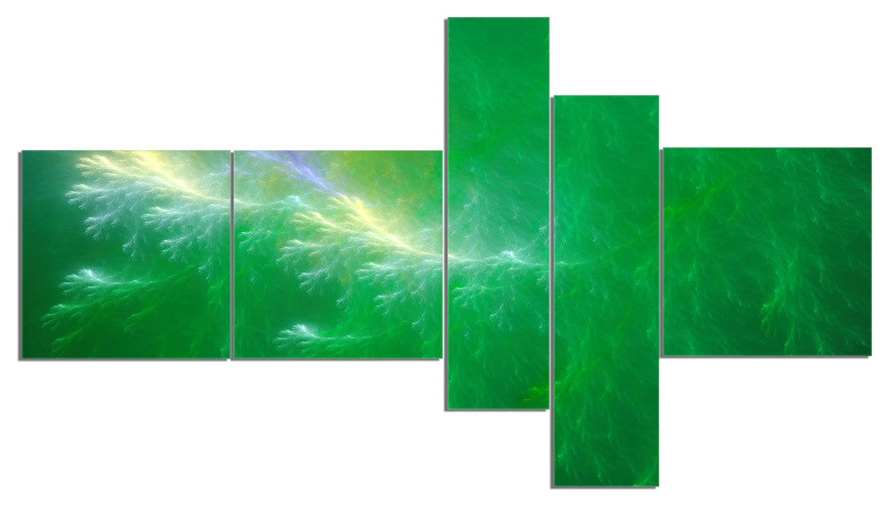 Green Fractal Thunder Sky, Abstract Wall Art Canvas, 60"x32", 5 panels