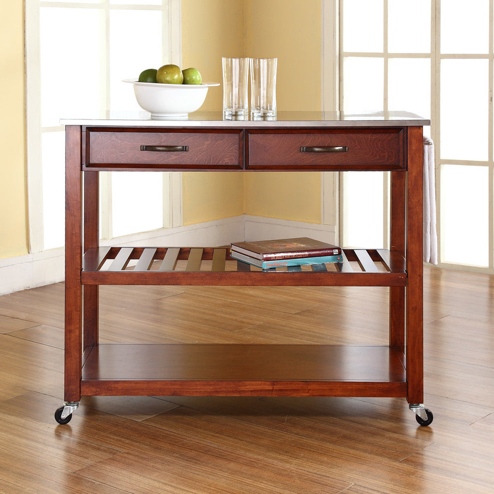 Crosley 2 Drawer Stainless Steel Top Kitchen Cart in Cherry