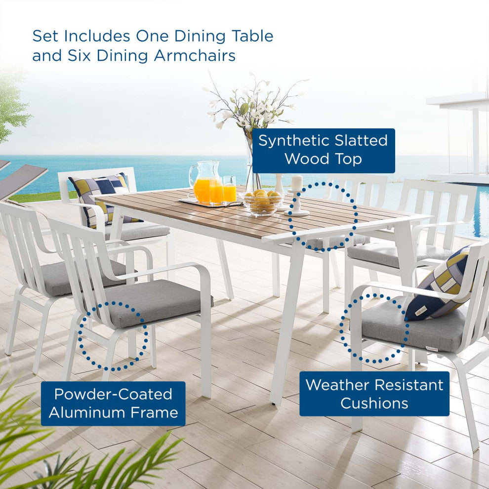 Side Dining Chair and Table Set, Aluminum, Metal, White Gray, Outdoor