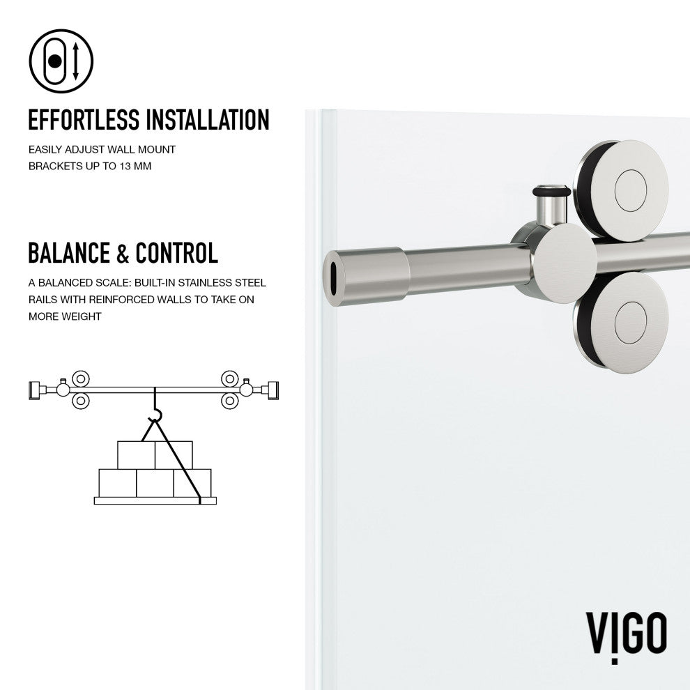 VIGO Elan 48" to 52" W x 74" H Frameless Sliding Shower Door, Stainless Steel, Clear Glass