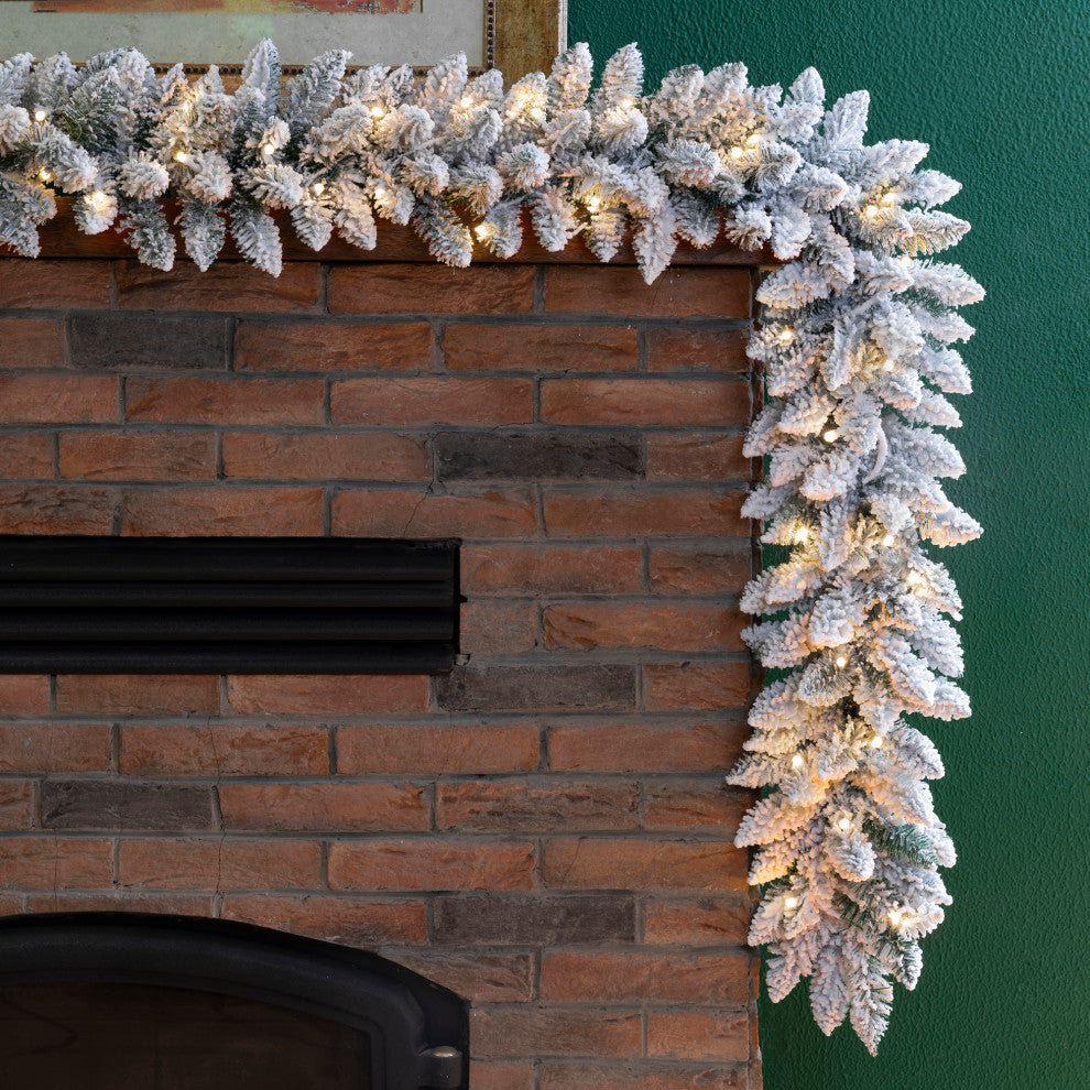 2-Pack 9' Pre-Lit Snow Flocked Christmas Garland, With Warm White LED Lights