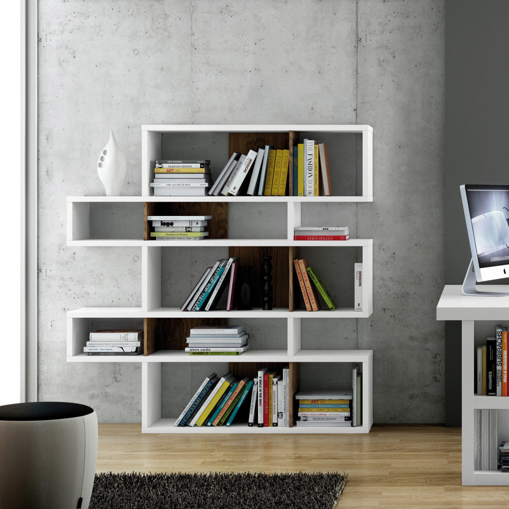 Modern Large Modular Display 2 Tone Shelves, White Frame/Walnut Backs