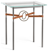 Equus Side Table, Dark Smoke Finish, Bronze Accents, Chestnut Leather Strap