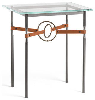 Equus Side Table, Dark Smoke Finish, Bronze Accents, Chestnut Leather Strap