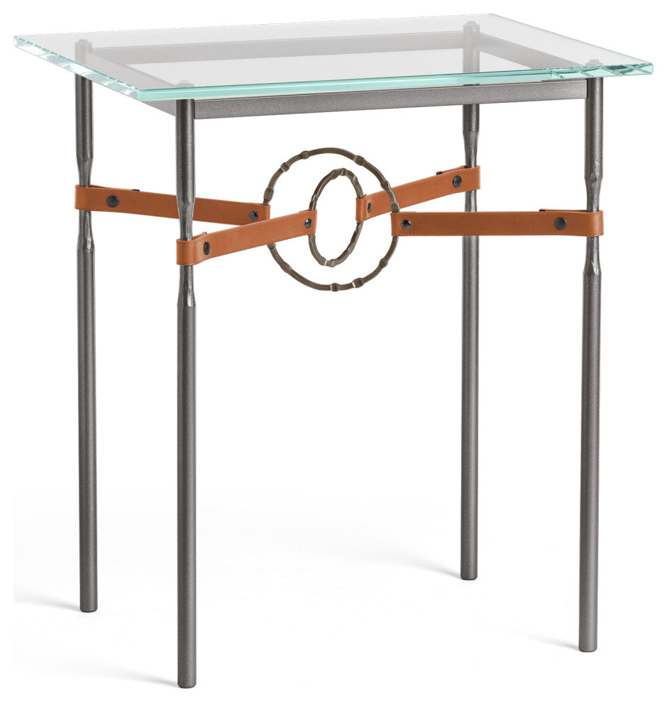 Equus Side Table, Dark Smoke Finish, Bronze Accents, Chestnut Leather Strap