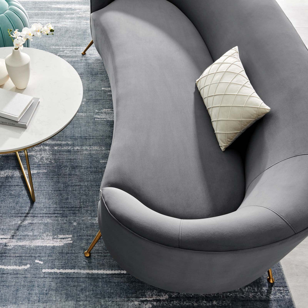 Sofa, Gray, Velvet, Modern, Mid Century Living Hotel Lounge Cafe Lobby