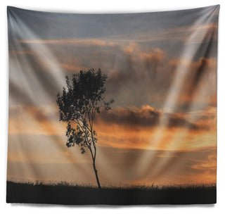 Lonely Tree Silhouette Leftwards Landscape Wall Tapestry, 39"x32"