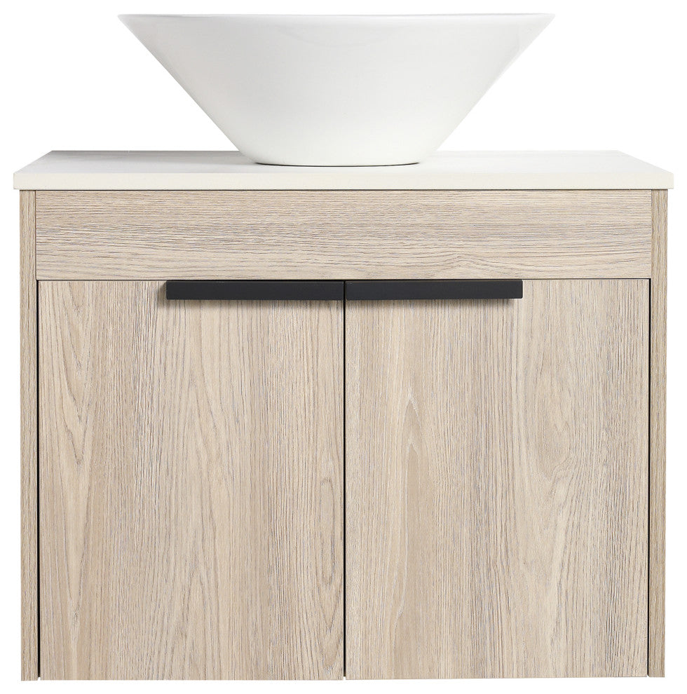 Wall-Mounted Bath Vanity, White Oak, White Ceramic Vessel Sink