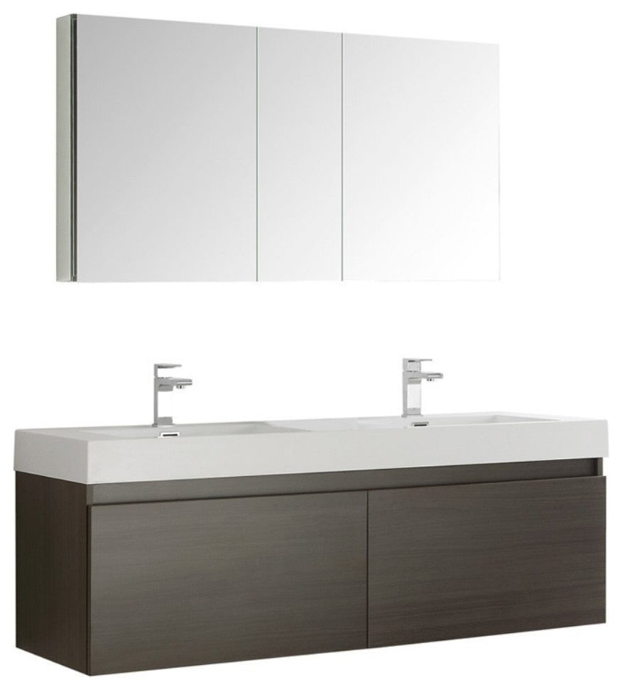 Mezzo 60" Gray Oak Wall Hung Double Sink Modern Bathroom Vanity, FFT1041BN